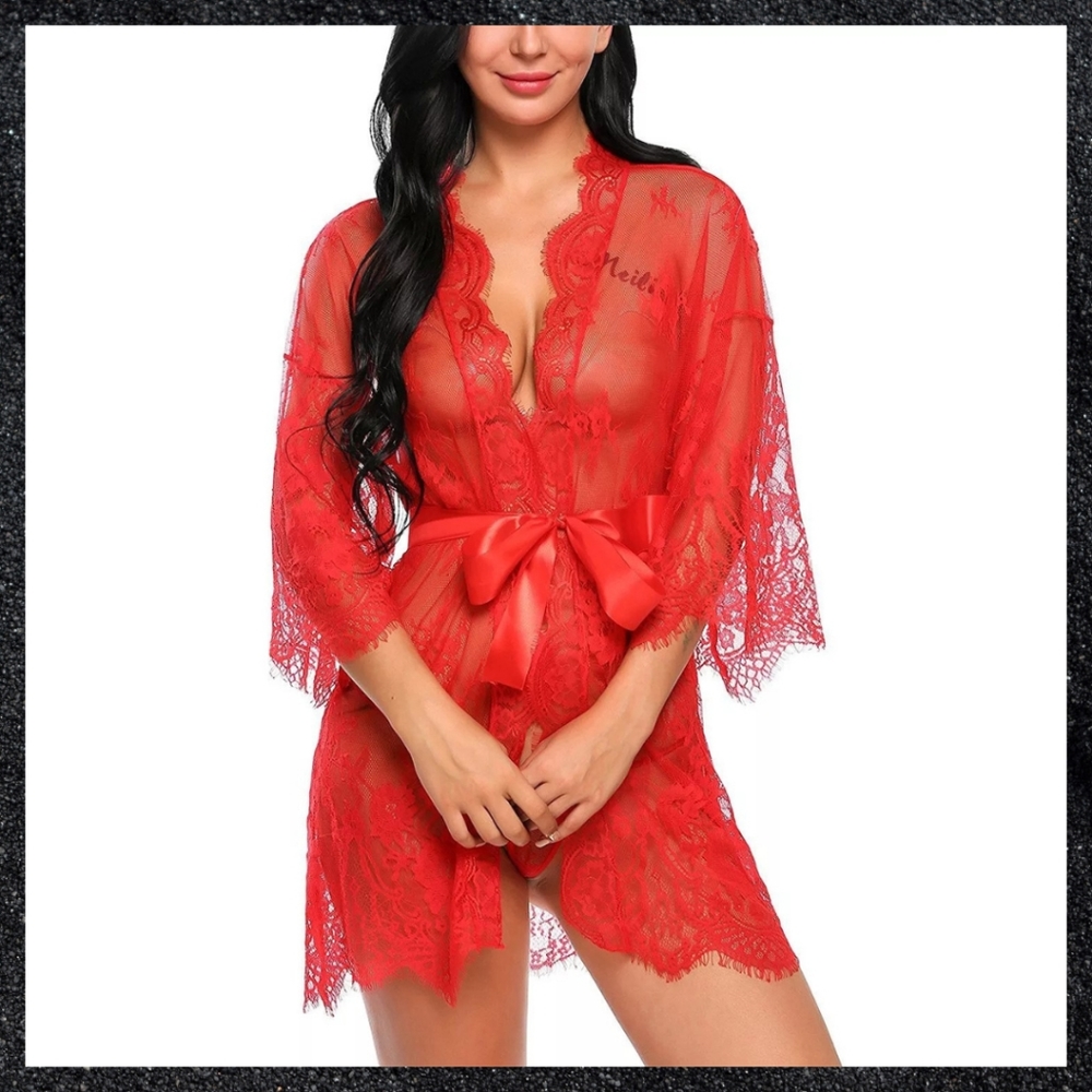 Red Sheer Floral Lace Robe - Picture 2 of 4